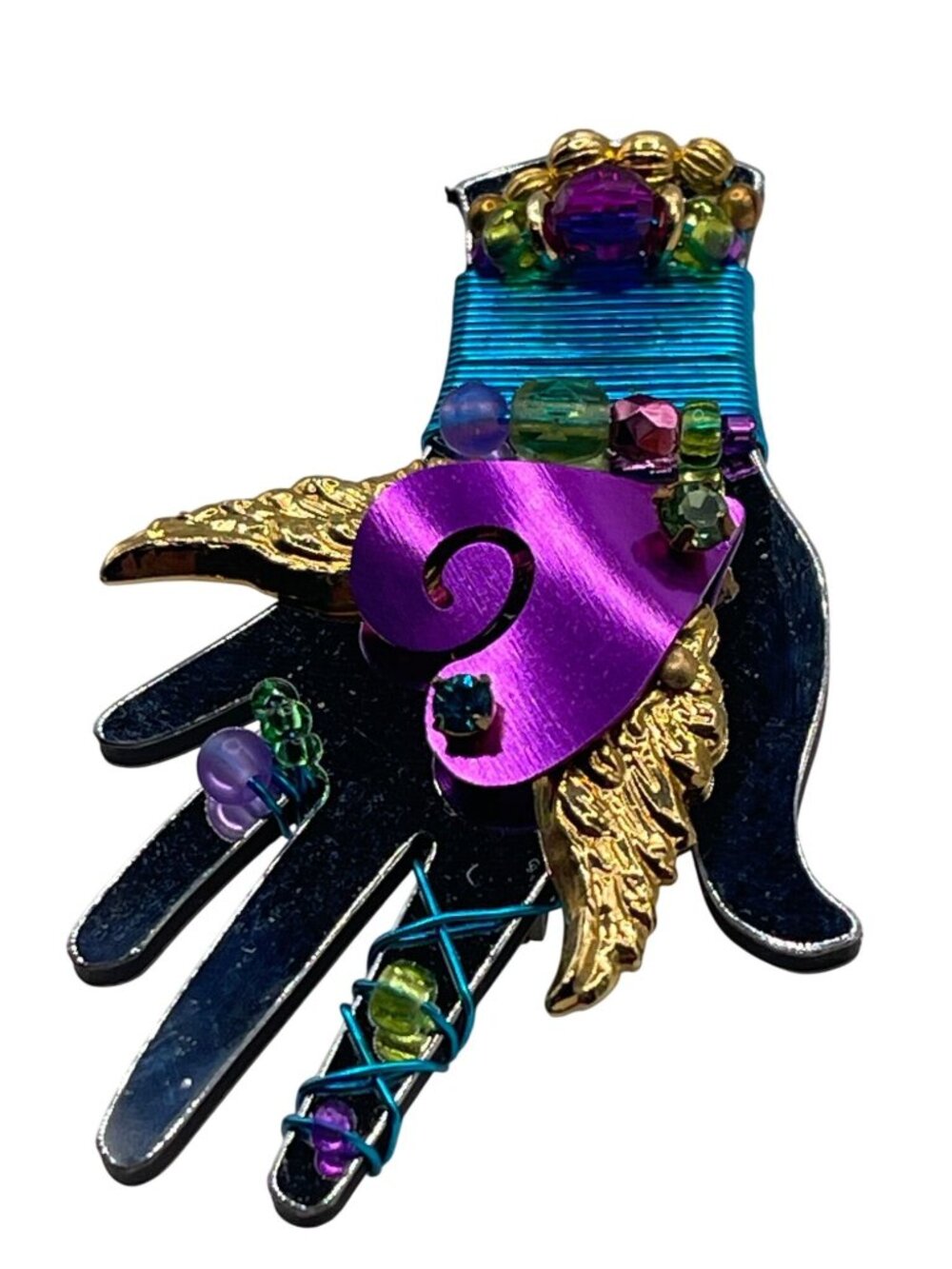 Vtg Liztech "Healing Hand" Brooch W/ Gold Wings Beads & Wire Elements - Signed A